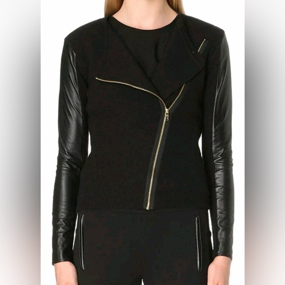 Ted Baker London Black 100% real Leather Sleeve Jacket 100% Wool